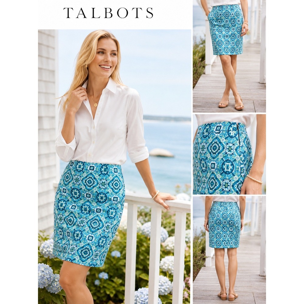 Talbots Blue Coastal Tile Print Pencil Skirt Size 8 Summer Preppy
